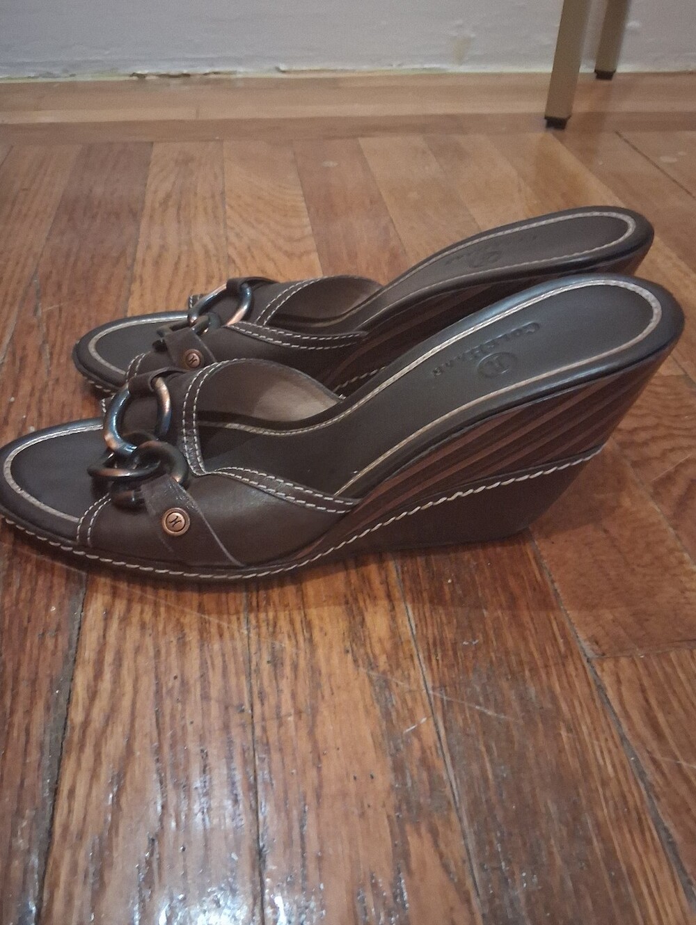 Cole Haan Women's Brown Wedge Slide Sandals with Decorative Ring Accent